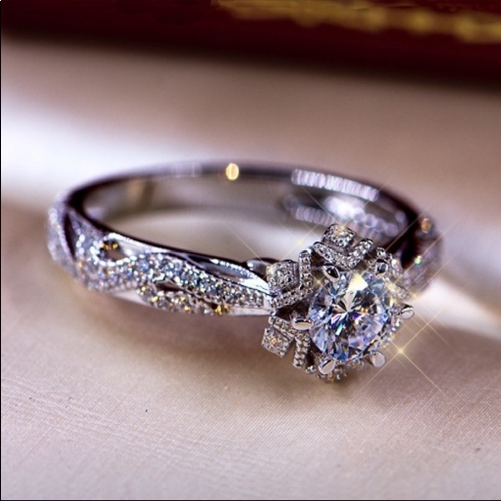 Silver sparkling crystal intricate ring